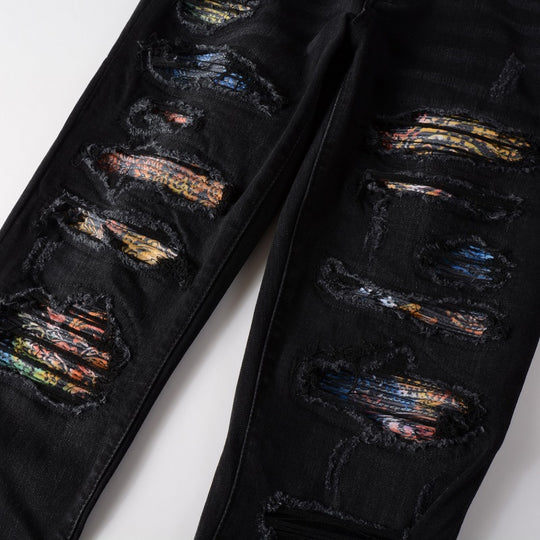 Print-Patch Distressed Stretch Denim — Faded Blue