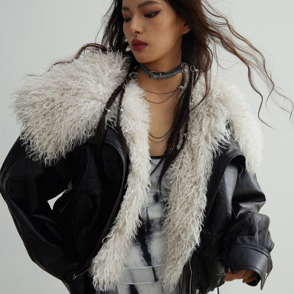 Detachable Fur Collar Leather Jacket — Retro
