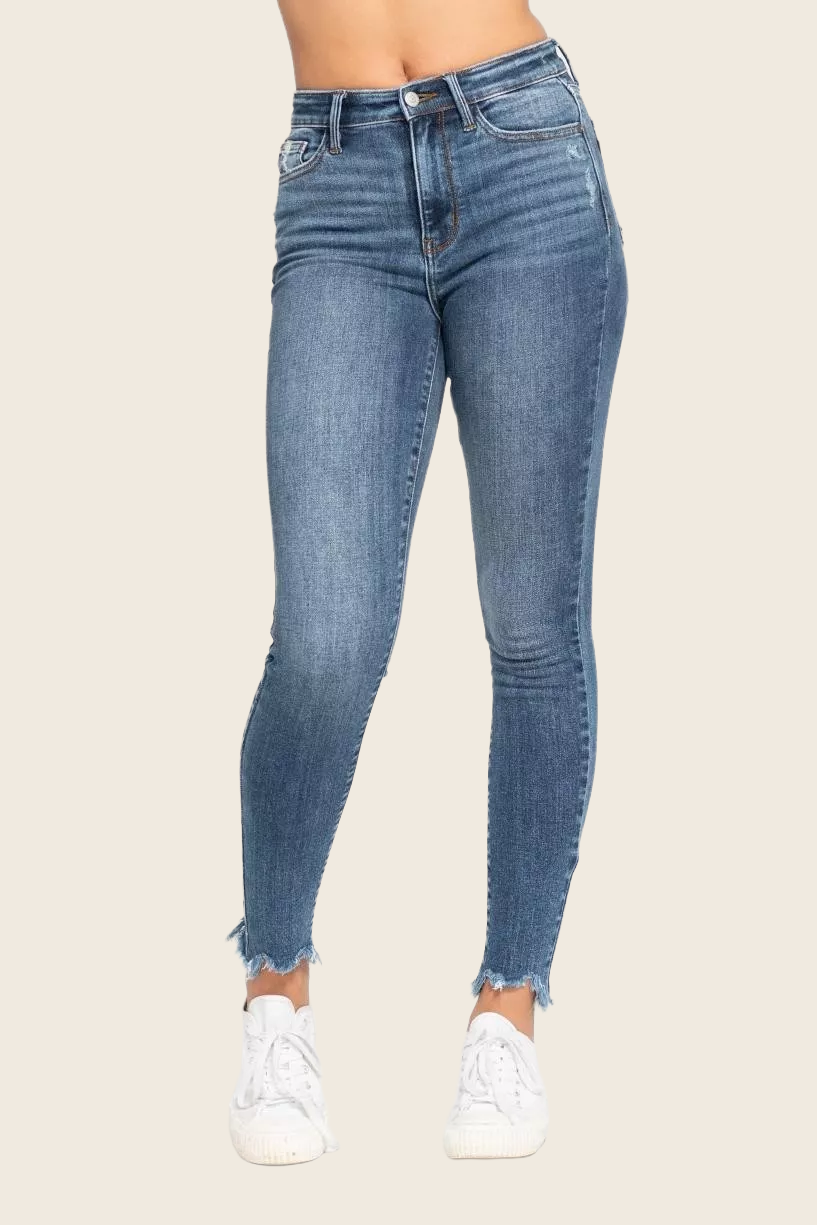 Judy Blue High-Waist Distressed Skinny Jeans - Shark Bite Hem, enhanced product photo