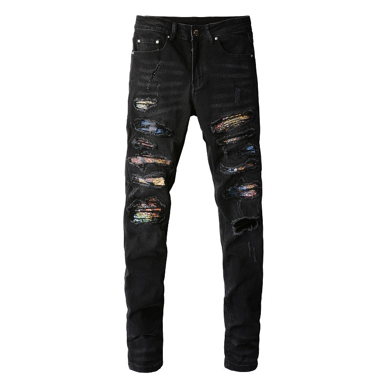 Print-Patch Distressed Stretch Denim — Faded Blue