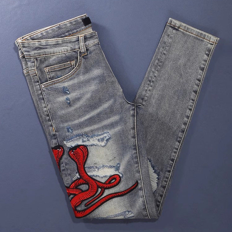 Embroidered Patch Distressed Denim — Vintage Wash