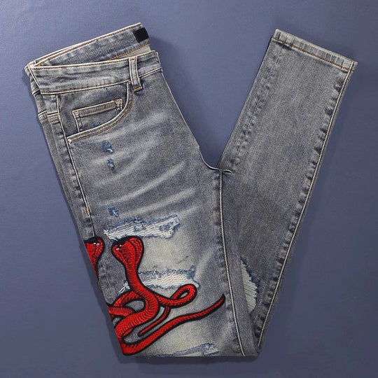 Embroidered Patch Distressed Denim — Vintage Wash