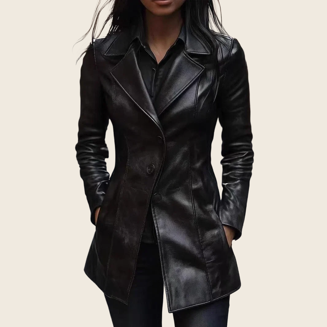 PU Leather 3/4 Coat - Slim Fit, Black, enhanced product photo