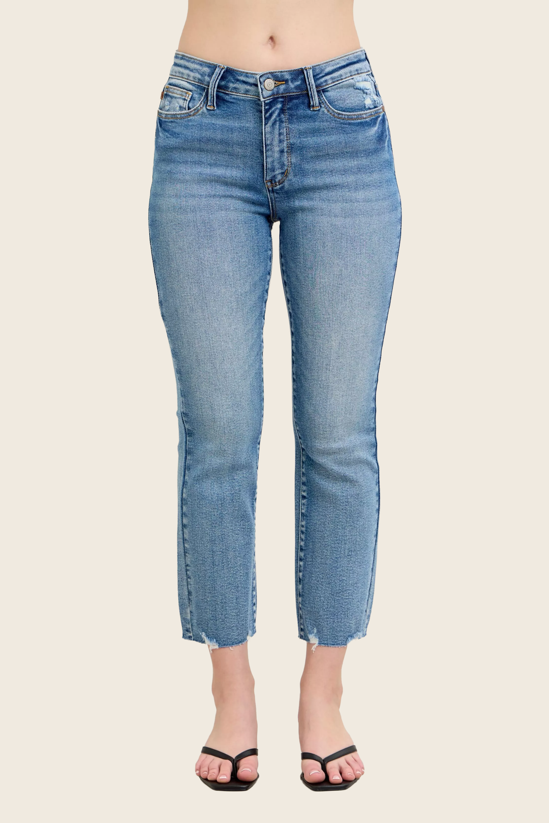 Judy Blue Vintage Wash Kick Flare Jeans - Destroyed Hem, enhanced product photo