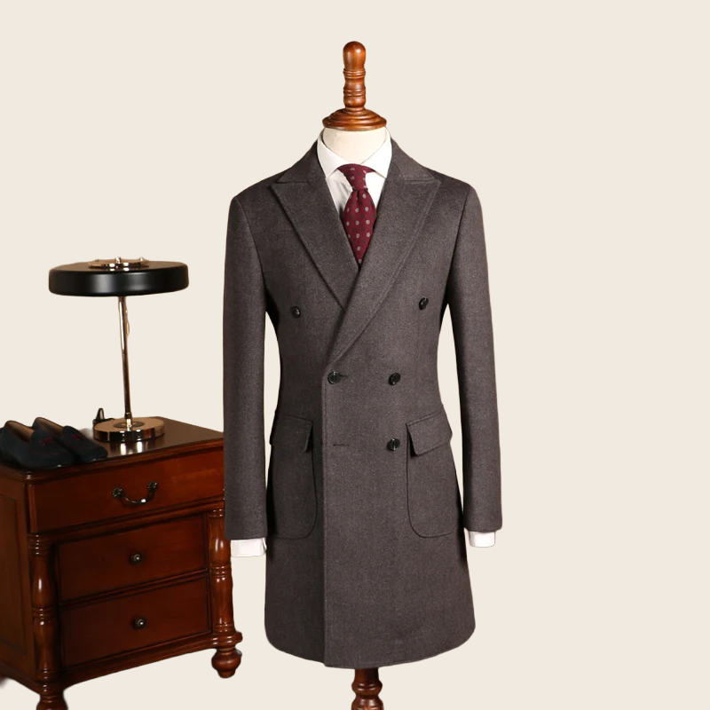 Herringbone Wool Coat - Double Breasted, enhanced product photo