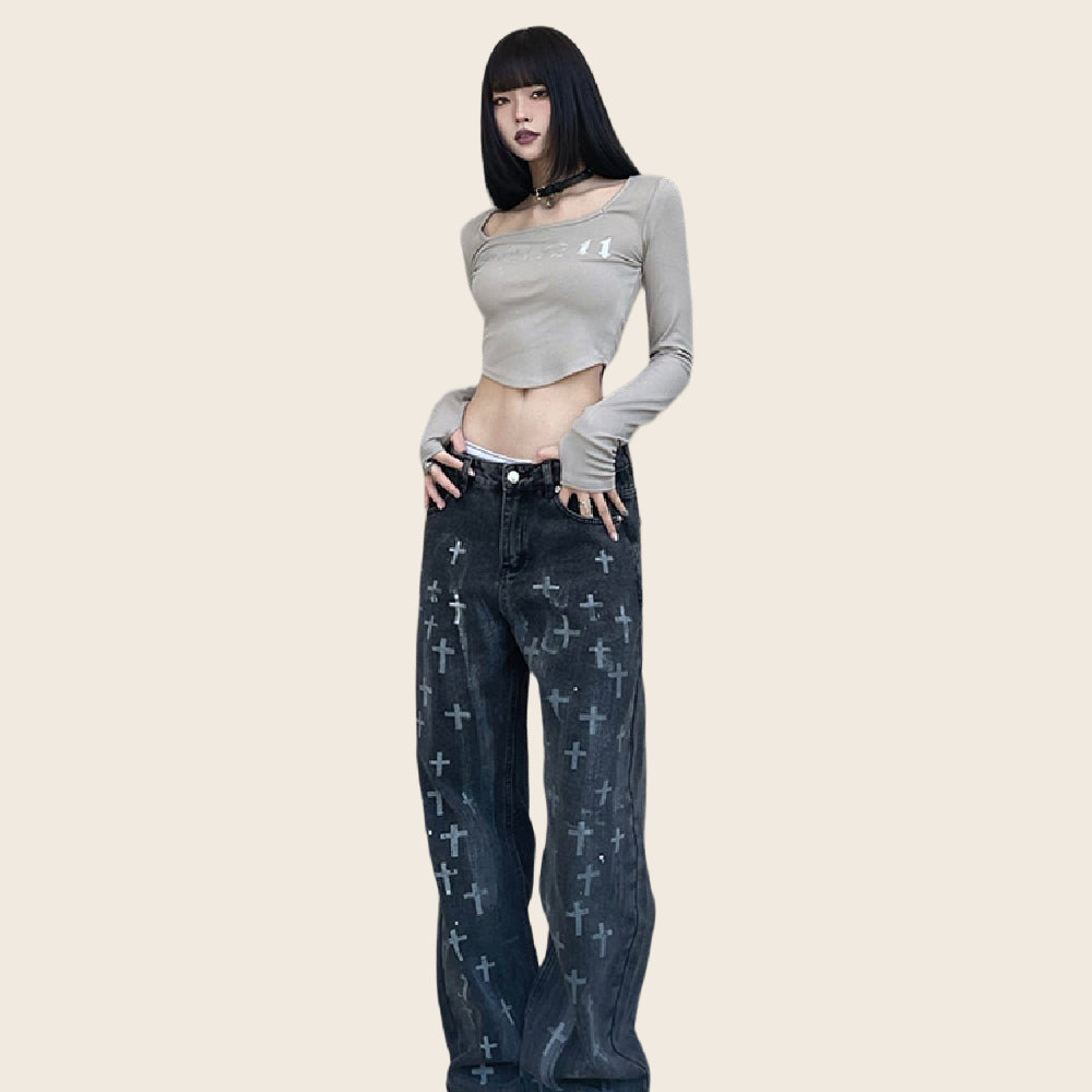 Cross Print Loose Straight Jeans - Women's, enhanced product photo