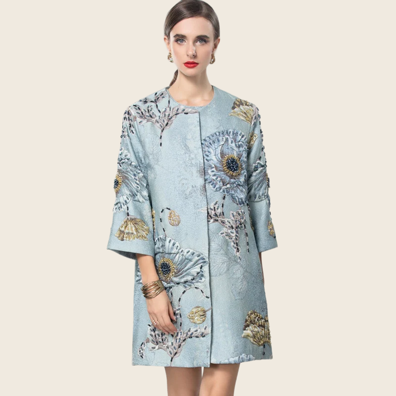 Beaded Floral 3/4 Sleeve Coat Top - Blue, enhanced product photo