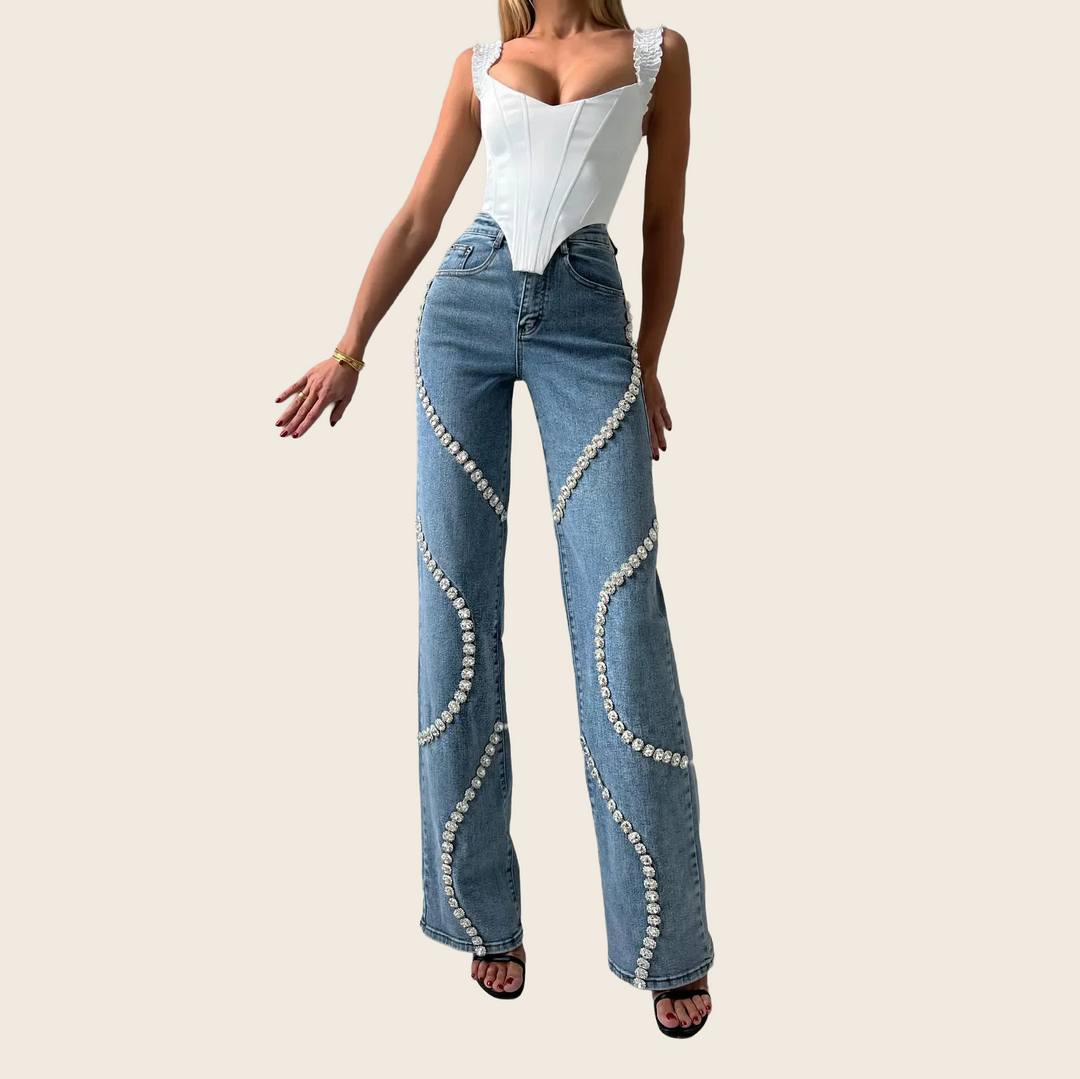 Rhinestone Embellished Straight Leg Jeans - Women's, enhanced product photo
