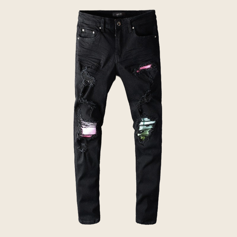 Ripped Patch Stretch Skinny Denim - Jet Black, enhanced product photo