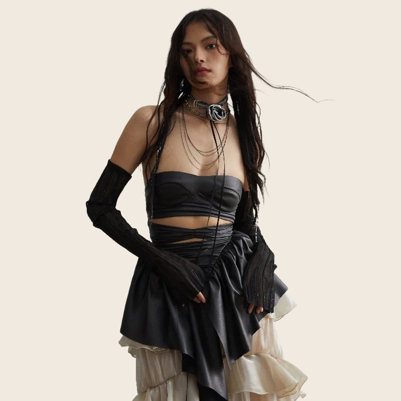 Hollow Heart Ruffled PU Leather Tube Top - Black, enhanced product photo