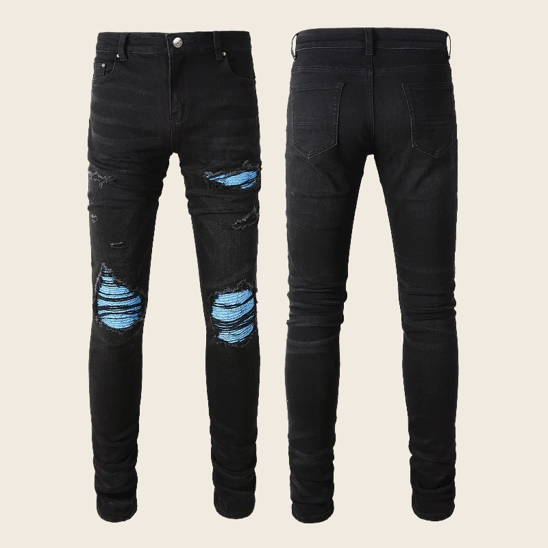 Trendy Ripped Multi-Patch Elastic Denim - Blue, enhanced product photo