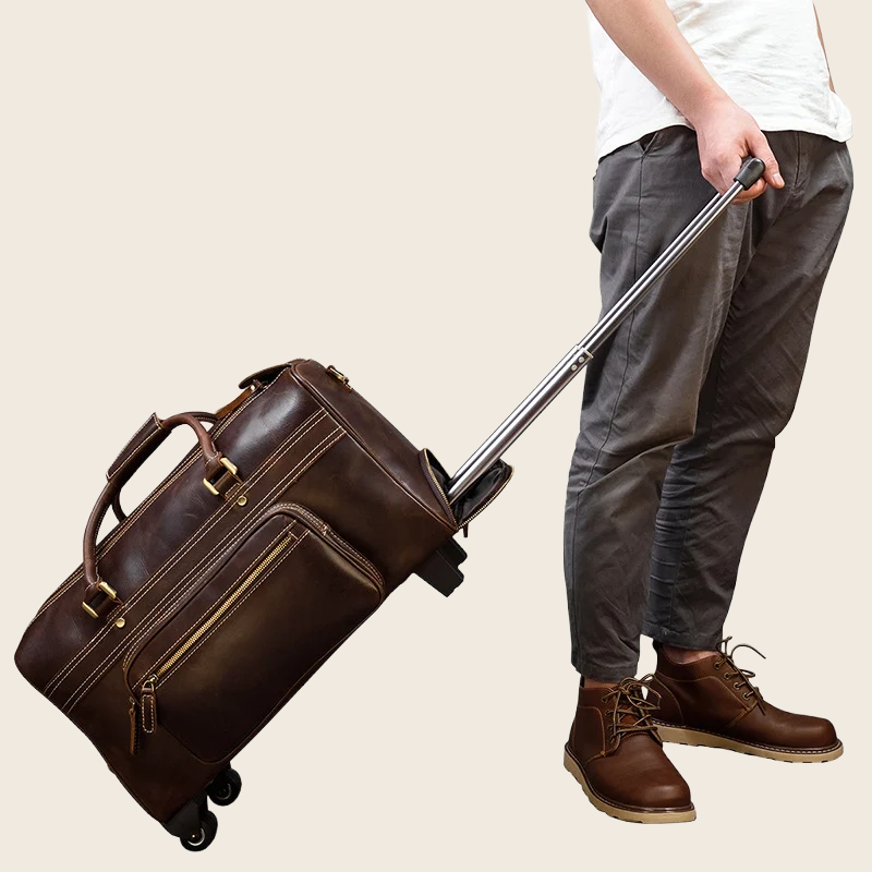 Genuine Leather Retro Trolley Travel Bag, enhanced product photo