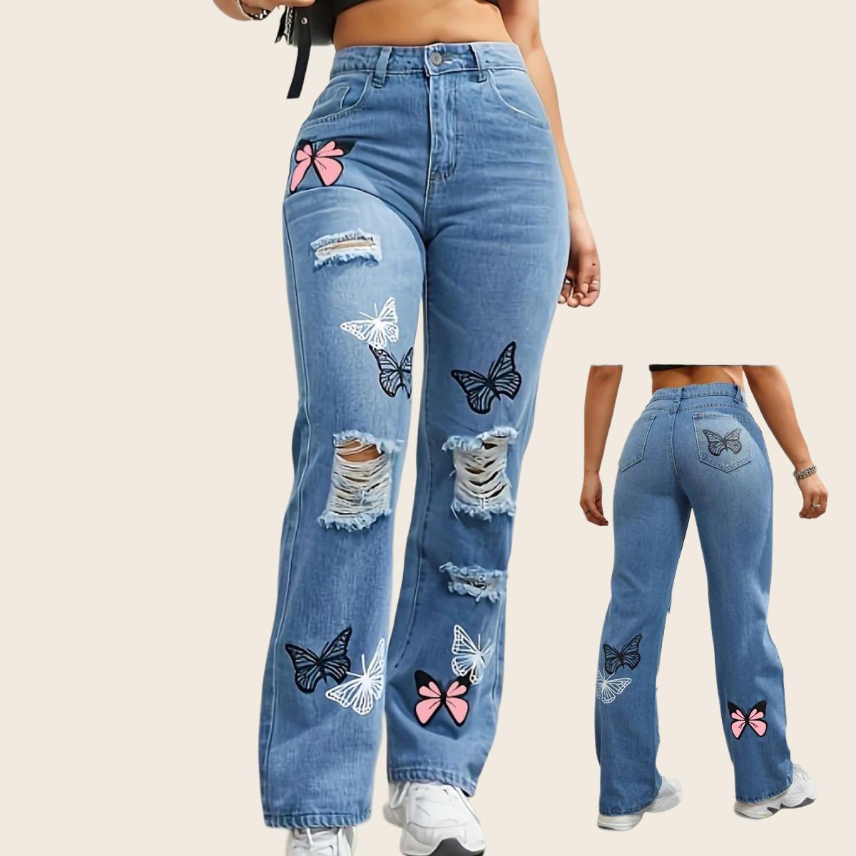 Butterfly Print High-Waist Straight Jeans - Women's, enhanced product photo