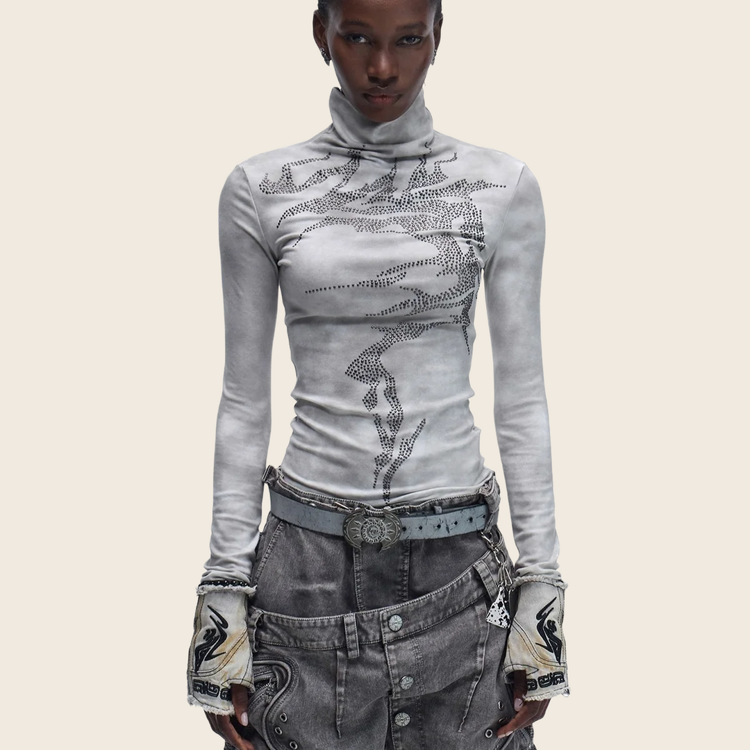 Antique Silver Hot Drill High-Neck Long Sleeve Top, enhanced product photo