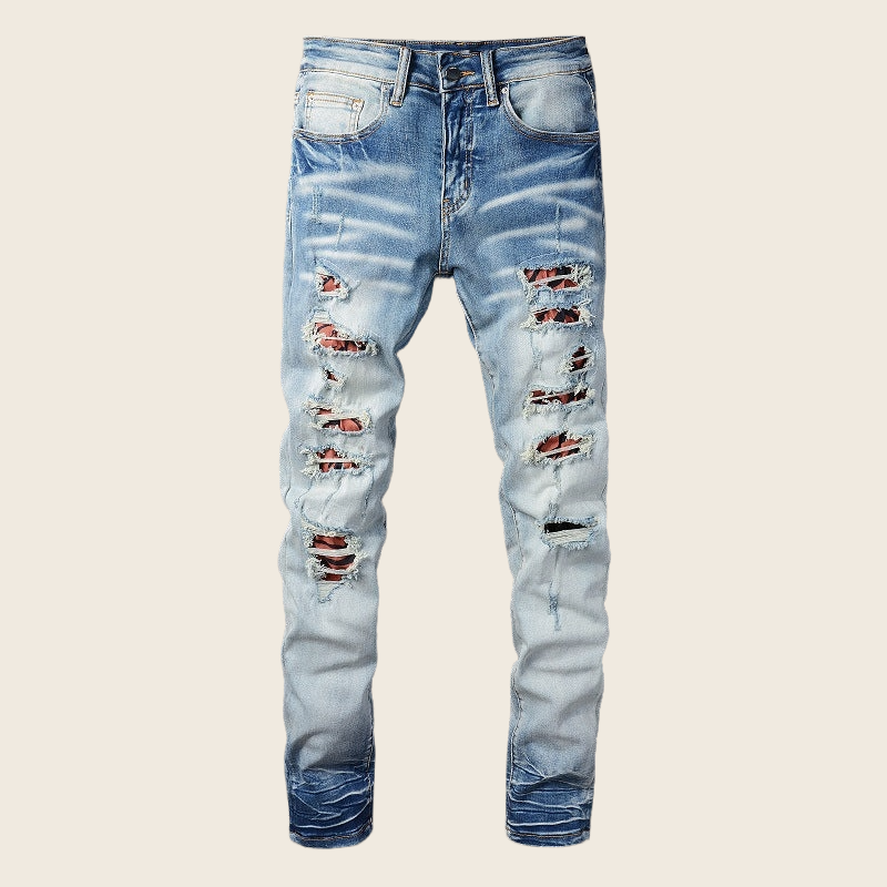 Distressed Patch Slim Skinny Denim - Sky Blue, enhanced product photo