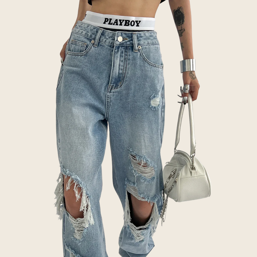 Light Blue Distressed Jeans - Women&