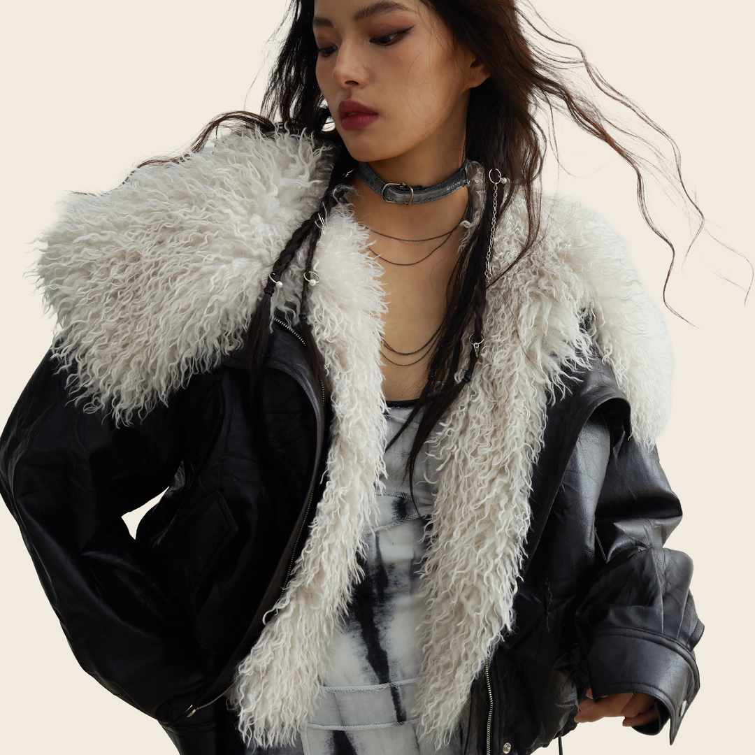 Detachable Fur Collar Leather Jacket - Retro, enhanced product photo