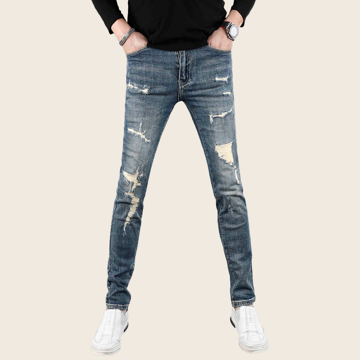 Fashion Ripped Stretch Skinny Denim - Deep Blue, enhanced product photo