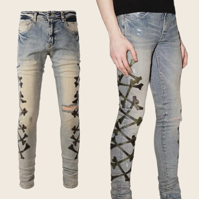 Bone-Pattern Leather Stretch Skinny Denim - Black, enhanced product photo