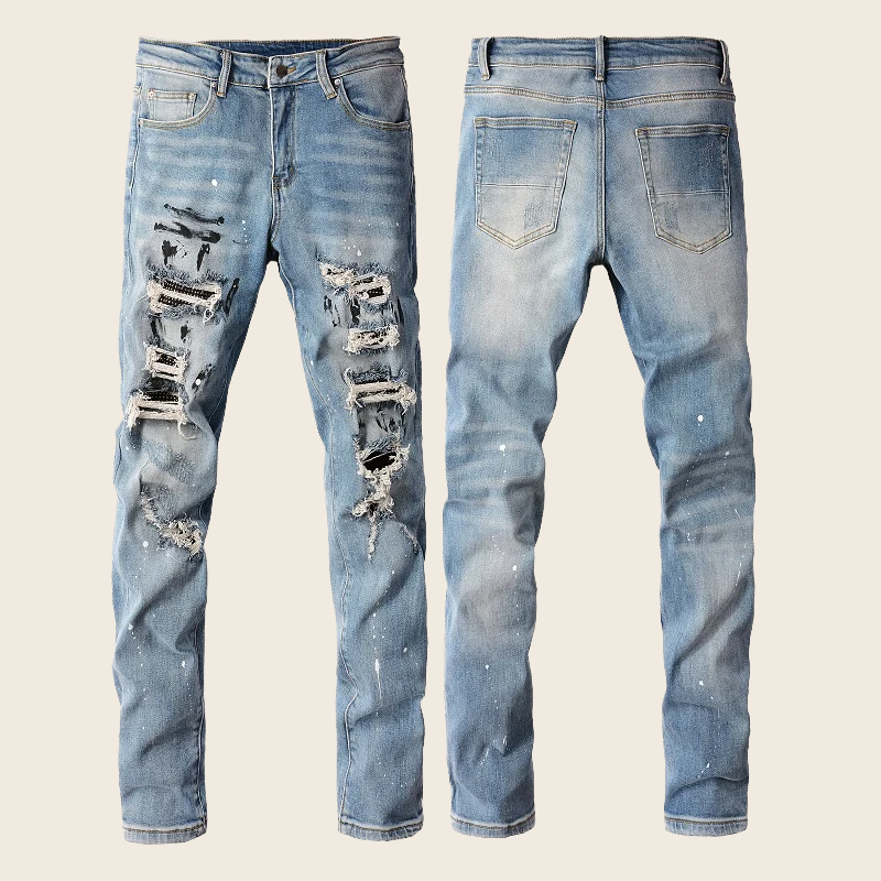 Paint-Splash Distressed Denim - Worn Wash, enhanced product photo