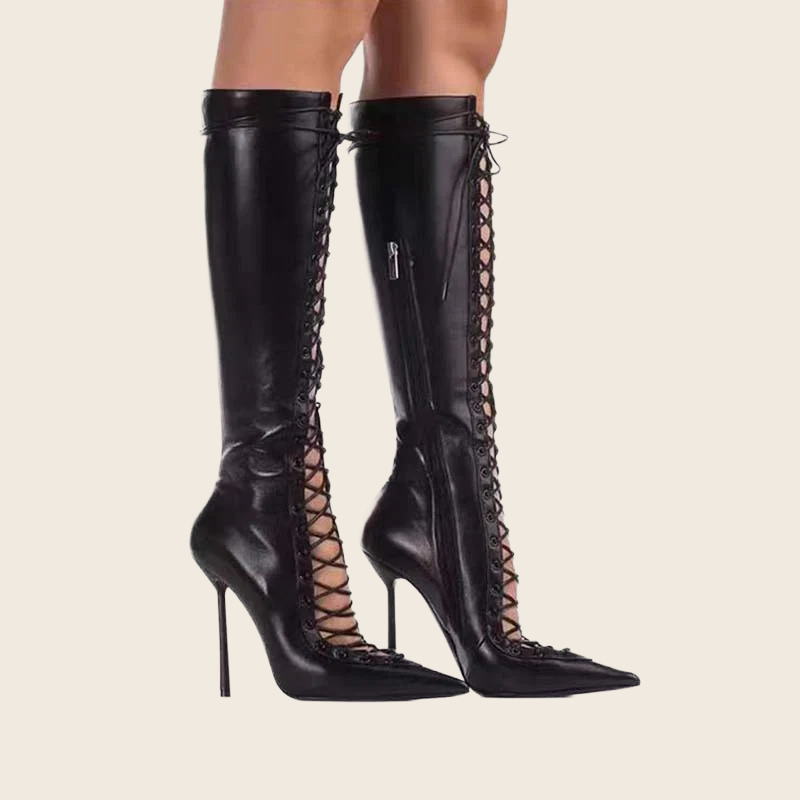 Hollowed Cross Lace-Up Stiletto Boots - Women's, enhanced product photo