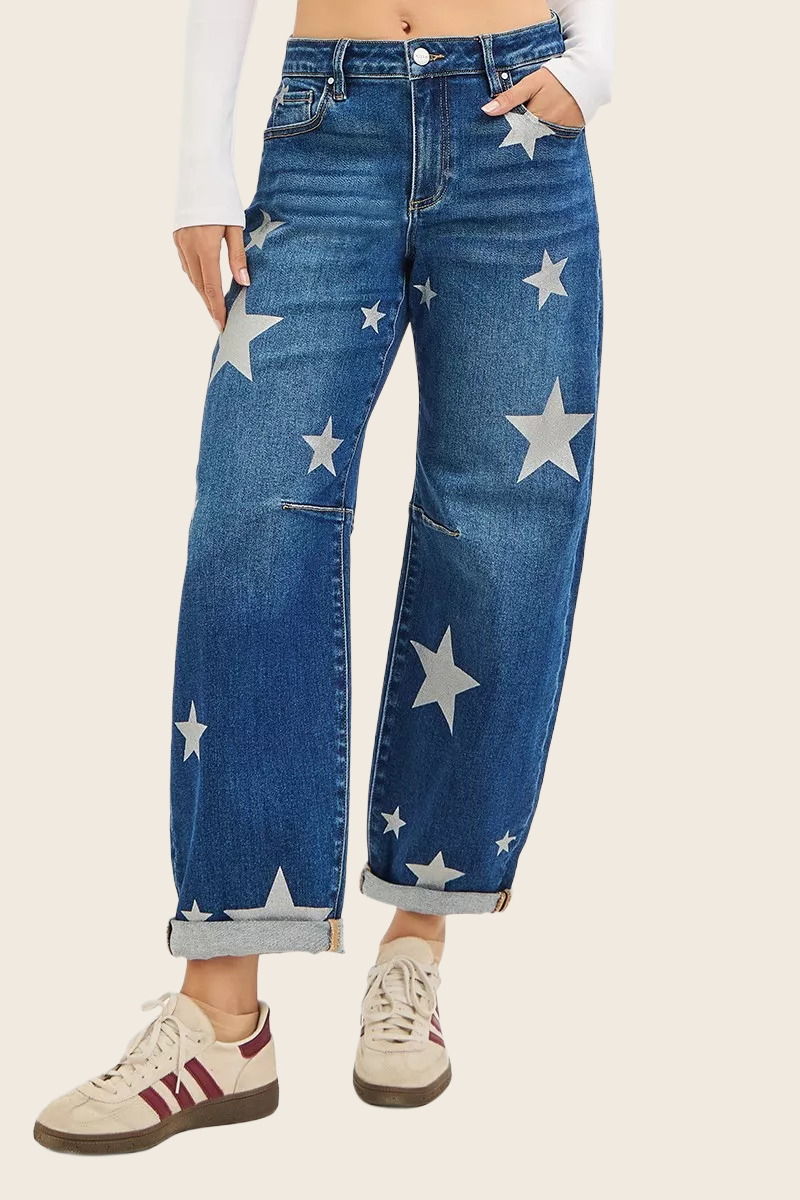 RISEN Mid-Rise Relaxed Barrel Jeans - Star Print, enhanced product photo