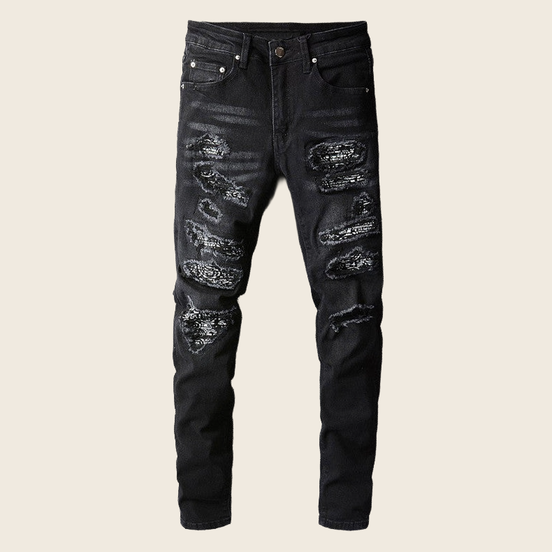 Ripped Cashew-Patch Stretch Skinny Denim - Indigo, enhanced product photo