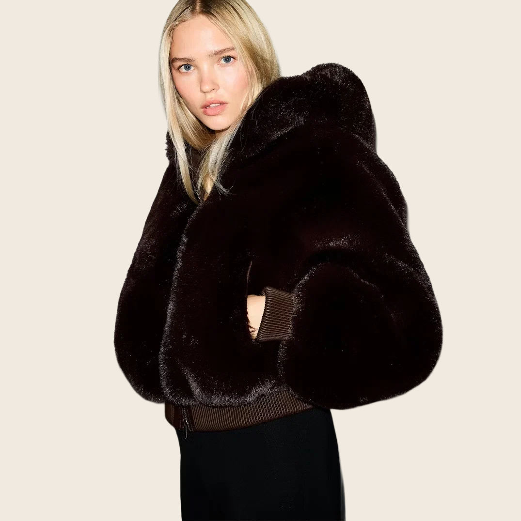 Hooded Faux Fur Fleece Jacket, enhanced product photo