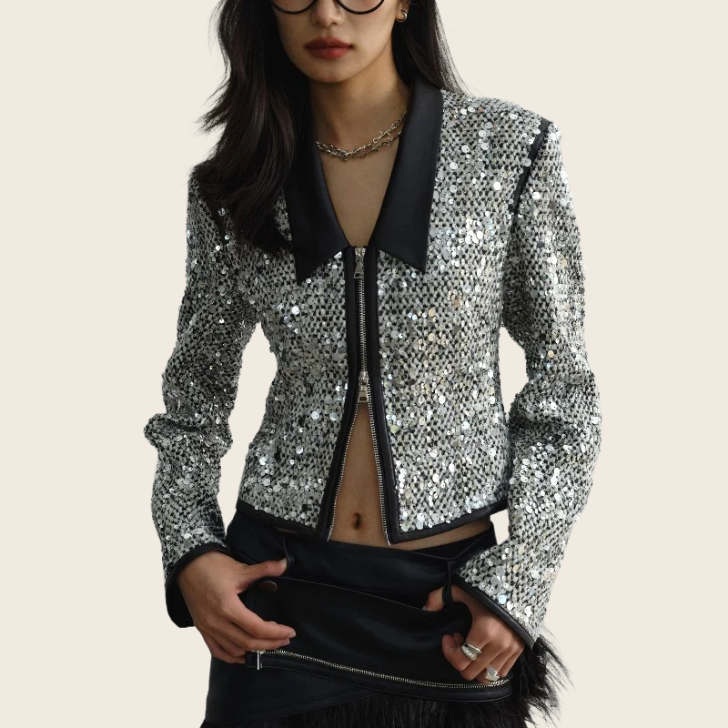Sequined Short Coat - Low Collar, White, enhanced product photo