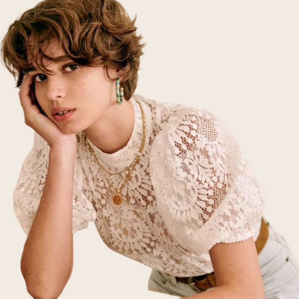 Lace Bubble Sleeve Shirt Top - Women's, enhanced product photo
