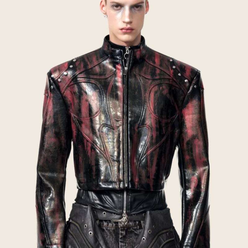 Stand-Up Collar Faux Leather Jacket - Men's, enhanced product photo
