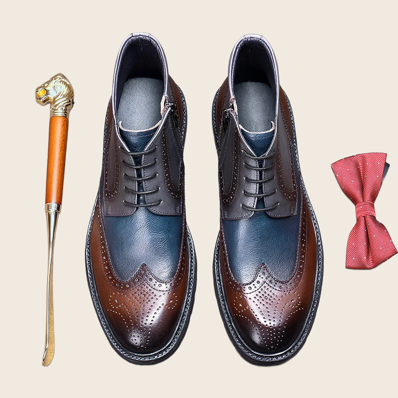 Brogue Carved Colorblock Leather Boots - Men's, enhanced product photo
