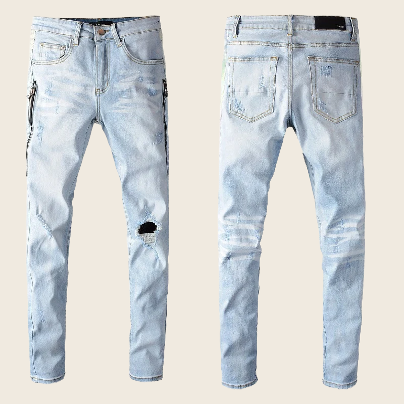 High Street Fashion Denim with Holes - Washed Blue, enhanced product photo