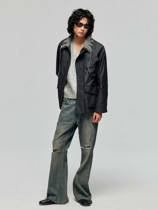 Cotton Retro Ripped Loose Micro-Flare Denim — Washed Blue