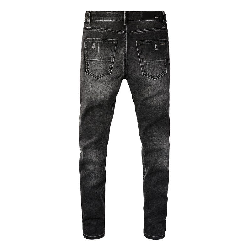 High Street Wrinkled Patch Slim Denim — Grey