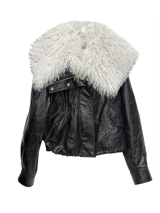 Detachable Fur Collar Leather Jacket — Retro