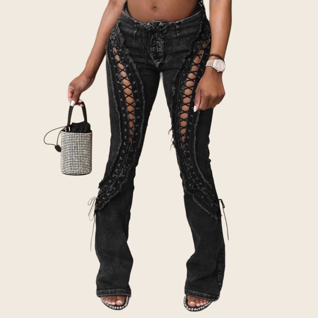 Stretch Frayed Lace-Up Slim Jeans - Women's, enhanced product photo