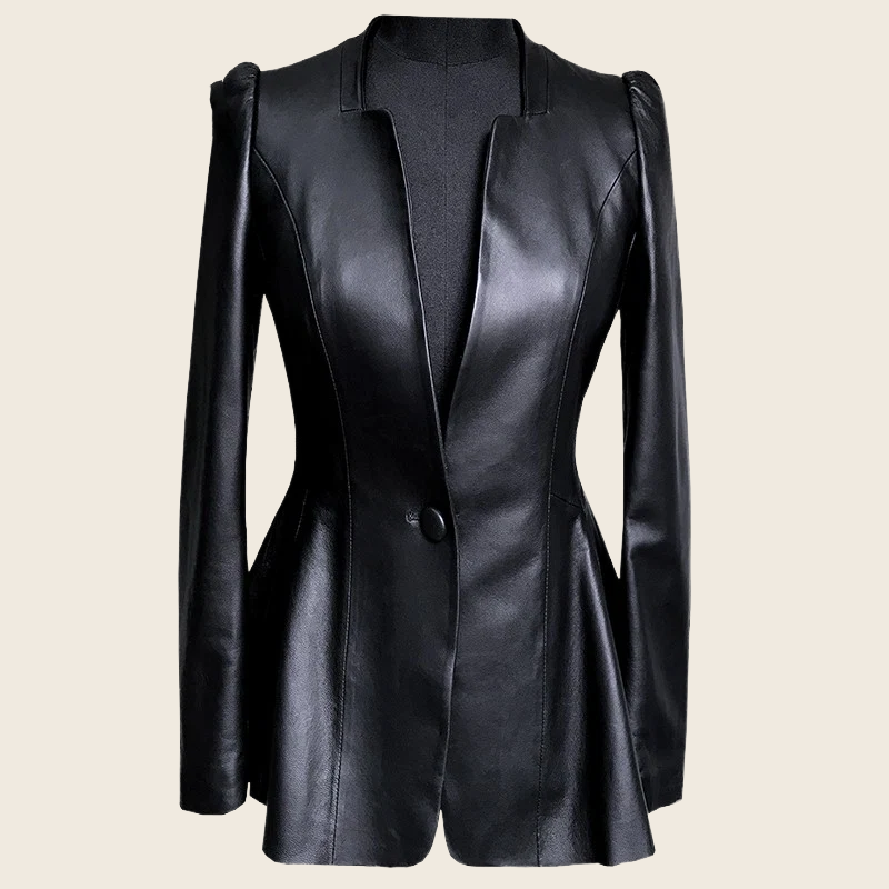 Slim-Waist Leather Jacket - V-Neck, Black, enhanced product photo