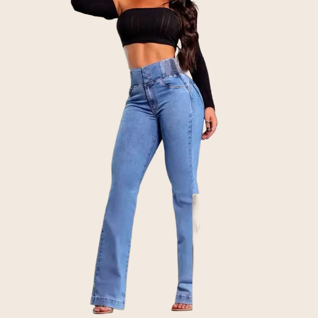 Back Shirred Button-Front High-Waist Jeans - Women's, enhanced product photo