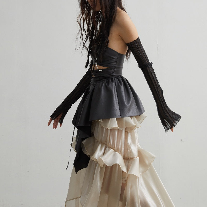 Hollow Heart Ruffled PU Leather Tube Top — Black