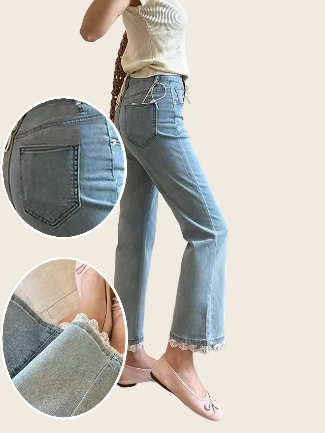 Elastic Lace Stitching Jeans - Women's, enhanced product photo