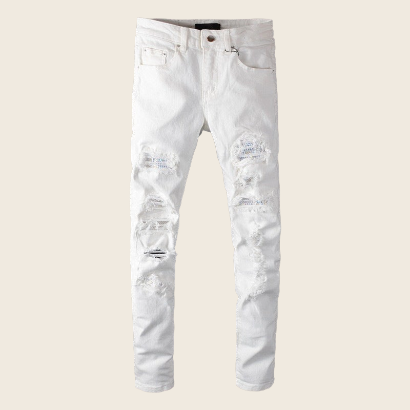 Studded Patch Stretch Denim with Holes - Dark Blue, enhanced product photo