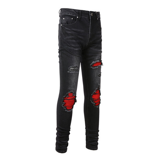 Fashion Red Patch Stretch Slim Denim — Distressed Blue