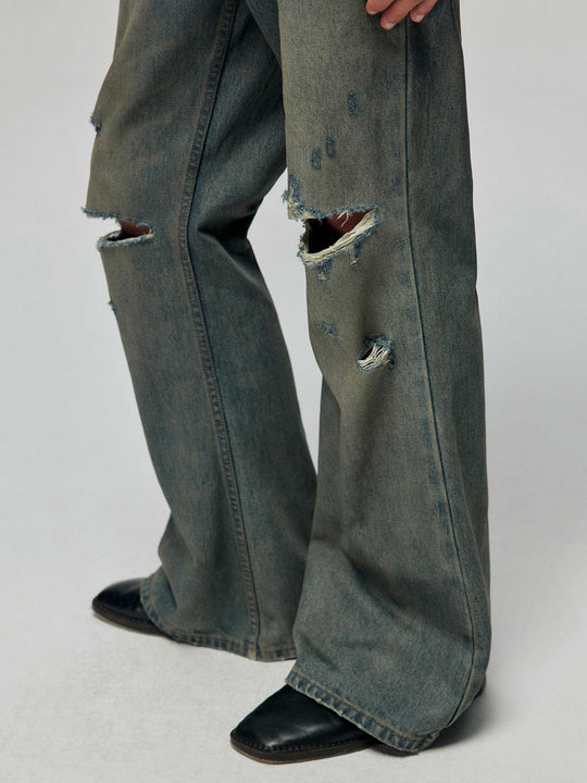 Cotton Retro Ripped Loose Micro-Flare Denim — Washed Blue