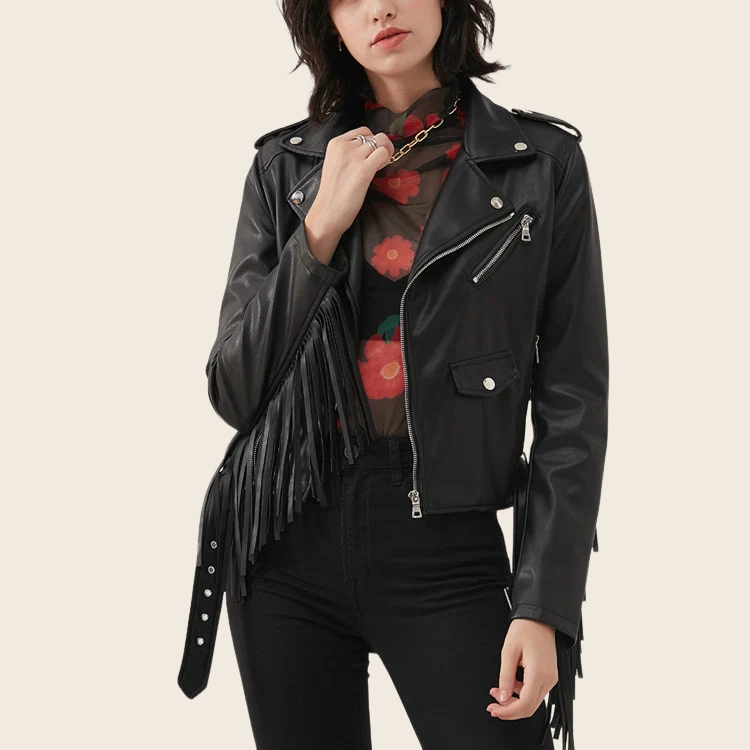 Tassel Slim PU Leather Motorcycle Jacket - Women's, enhanced product photo
