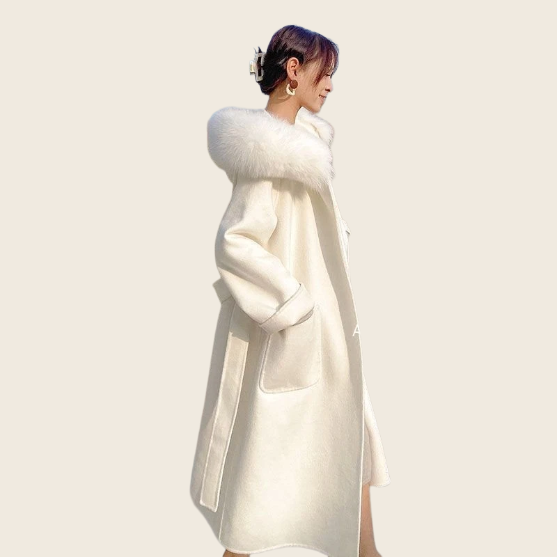 Hooded Wool Coat - Detachable Fur Collar, enhanced product photo