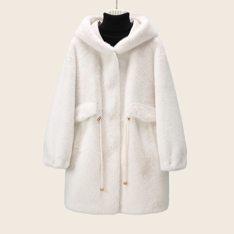 Faux Fur Sweater Coat - Mid-Length, White, enhanced product photo