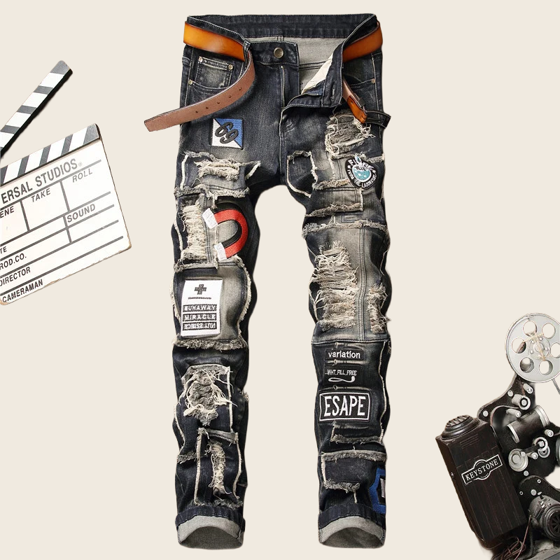 Badge-Patch Distressed Jeans - Men's, enhanced product photo