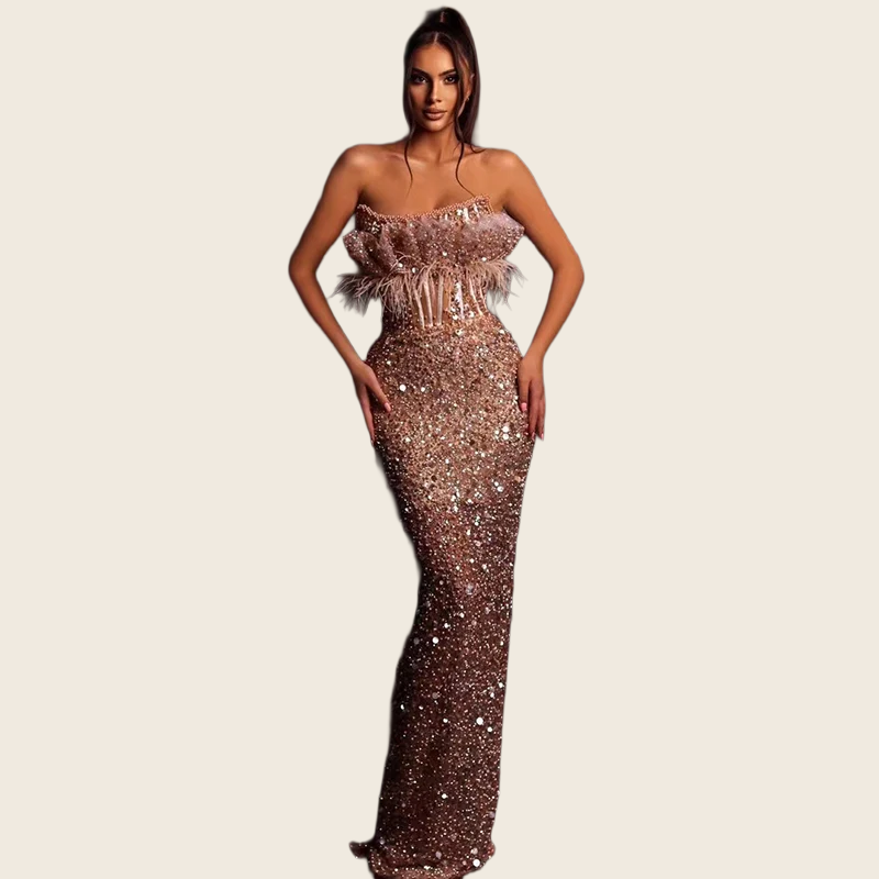 Feather Beaded Sequin Fishtail Dress - Women's, enhanced product photo
