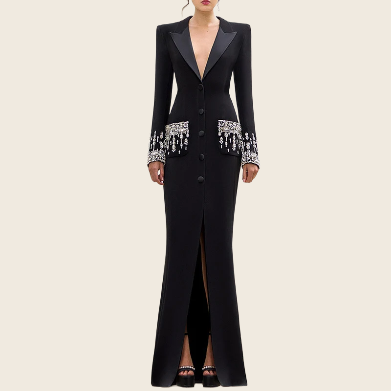Star Print Tailored Collar Fishtail Dress - Women's, enhanced product photo
